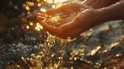 Sunlit hands cup water, capturing the golden essence of life's simplicity and purity. - obrazy, fototapety, plakaty