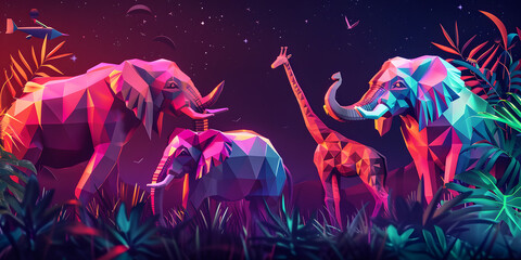 Fototapeta premium High-definition 3D polygonal animals in a neon jungle, vivid and vibrant against a night sky