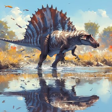 Explore the Prehistoric Jungle: A Captivating Stock Image of a Spinosaurus Wading Through Shallow Waters