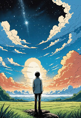 Comic book illustration of a solitary figure under a vast sky, contemplating the connection between nature and the divine