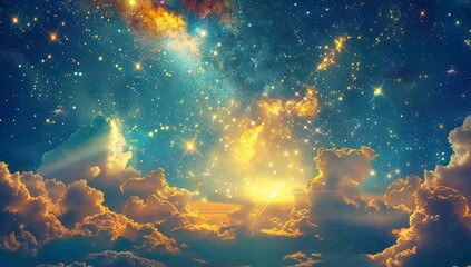 A sky full of stars, with golden clouds and a halo around the sun in the style of anime. 