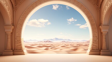 a desert landscape with a arched window - obrazy, fototapety, plakaty