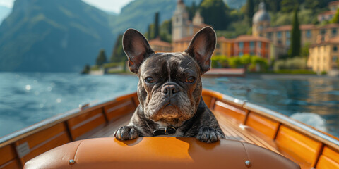 Französische Bulldogge auf einem Boot - obrazy, fototapety, plakaty