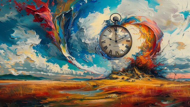 A surreal painting of a melting clock, its hands spinning in the wind against a backdrop of swirling colors and distorted landscapes, symbolizing broken time and reality. 
