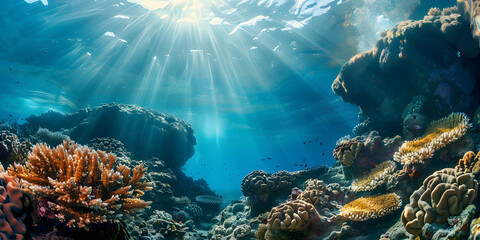 Obraz premium Submerged world view, undulating coral and light rays through water 