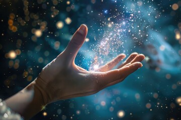 Conceptual design of a hand extending from a galaxy. Touch of human hands against the background of cosmic energy. by AI generated image