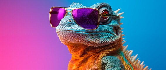 Obraz na płótnie Canvas a lizard with sunglasses in blue space, in the style of vibrant color-blocking, 32k uhd, post-internet aesthetics, pink and amber, heatwave, vibrant colours