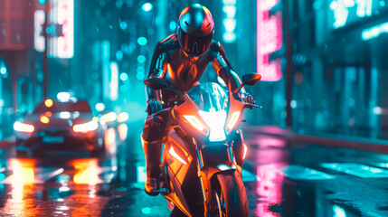 Front view of electric motorbike on the modern night city street, glow effects.
