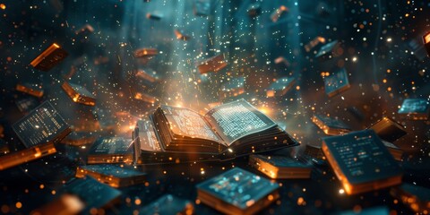 A futuristic digital artwork depicting an array of open books with pages glowing and floating in the air, surrounded by scattered pixelated shapes