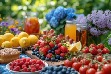 Abundant Fresh Fruits and Vegetables on Table