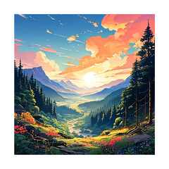 Picturesque Landscape Ai Generated Flat Style Vector Illustration
