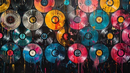 A graffiti-style painting of colorful vinyl records with drips and splatters, creating an abstract pattern on the wall. - obrazy, fototapety, plakaty