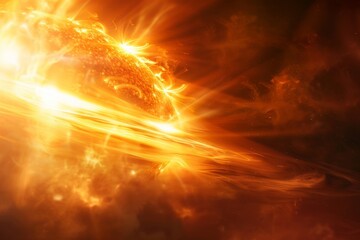 Powerful solar flare, abstract plasma flash on the surface of a Sun star
