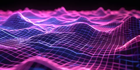 Fototapete Fraktale Wellen Ultra-sharp 3D render of neon wireframe landscapes, with a focus on depth and perspective 
