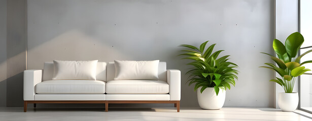 White sofa and potted houseplant against concrete wall. interior design of modern living room