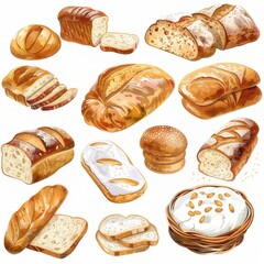 Clip art illustration with various types of  bread on a white background.