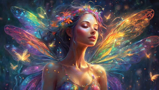 An Astral fairy with colorful wings  nymph Enchanting Amidst Fireflies, Fantasy art, Generative AI