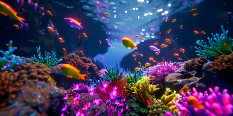 Underwater neon rave, colorful fish and corals with dynamic light effects