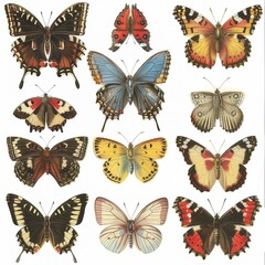 Clipart illustration with various types of butterflies on a white background.