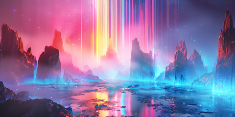 Vivid dreamscape, surreal floating islands and ethereal light beams 