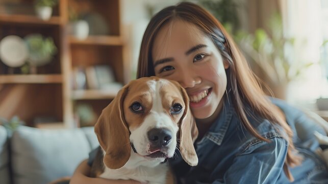 happy asian woman in casual jeans shirt with beagle dog at home