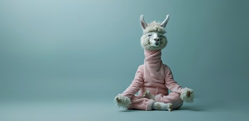 Fototapeta premium Alpaca dressed in yoga attire, meditating crosslegged with its peaceful expression on the alpaca's face.