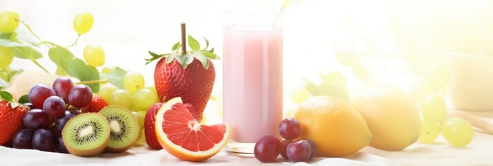 Fruits for a smoothie  are on a wooden table there a glass with a smoothie, on a white background with sunlight, banner