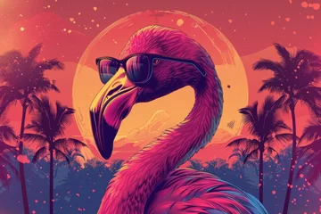 Papier Peint photo Lavable Papillons en grunge A pink flamingo wearing sunglasses, palm trees and sunset in the background