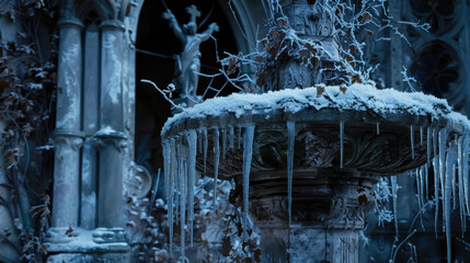 Close-up of a fantastical frozen fountain inside an abandoned overgrown church, icicles and vines entwining the frozen figures, - obrazy, fototapety, plakaty
