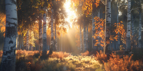 3D aesthetic scene of a cozy autumn forest, with gentle sunlight filtering through the trees 