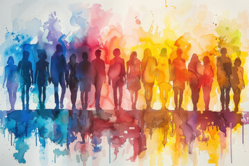 Diversity in Unity, Silhouette of diverse group, Watercolor Diversity - obrazy, fototapety, plakaty