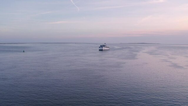 Terschelling, Netherlands - 22 August 2023: Aerial view of Passenger and vehicle ferry (Rederij Doeksen) to Terschelling, Waddenzee, Netherlands