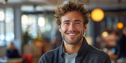 Office Professional, Young man smiling at workplace, Modern Work Environment - obrazy, fototapety, plakaty