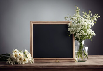 white flowers fresh Empty chalkboard background Isolated Flower Texture Frame Vintage Wood Easter School Spring Space Wall Leaf Green Leaves Plant - obrazy, fototapety, plakaty