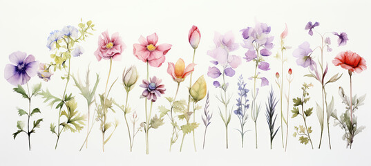  Collection of watercolor soft flowers Isolated on white background