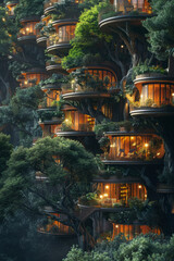 An ethereal image showcasing a vertical forest building, seamlessly integrated with lush greenery.
