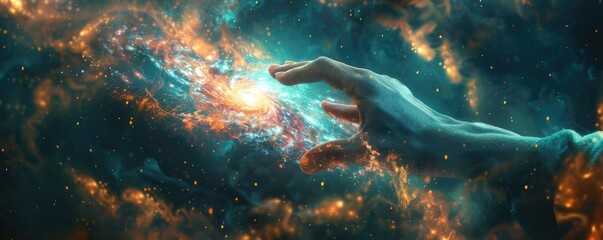 Conceptual design of a hand extending from a galaxy. Touch of human hands against the background of cosmic energy. by AI generated image