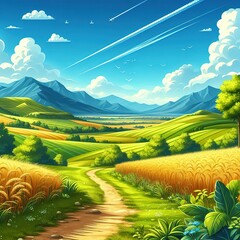 Beautiful landscape with meadow and mountains in the background illustration - obrazy, fototapety, plakaty