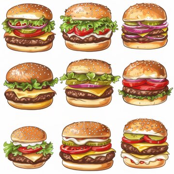 Clip art illustration with various types of Hamburger on a white background.