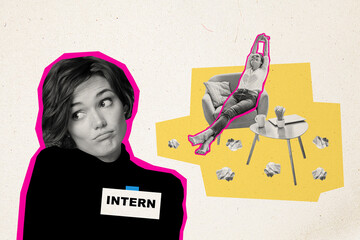 Creative collage picture young girl intern worker employee sitting armchair laziness rest relax...