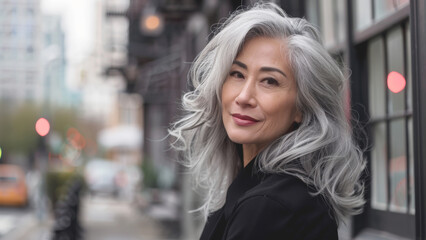 Confident mature woman with silver hair on a city street.