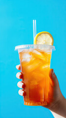 A hand holding takeaway plastic cup of delicious iced lemon tea on pastel blue background