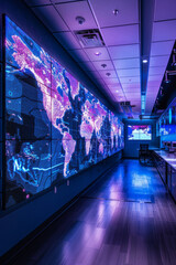 Fototapeta premium A high-tech monitoring room with large screen displays showing colorful geographic data across multiple continents.