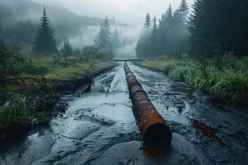 Fotobehang Environmental Challenge, Polluted water from pipe, Nature vs Industry © Gasi