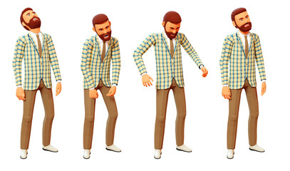 3D man expressing disappointment and indignation through various poses and facial expressions.