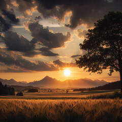 Sunset over grassy land with trees and mountains in the background