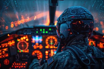 Man Operating Plane Cockpit at Night