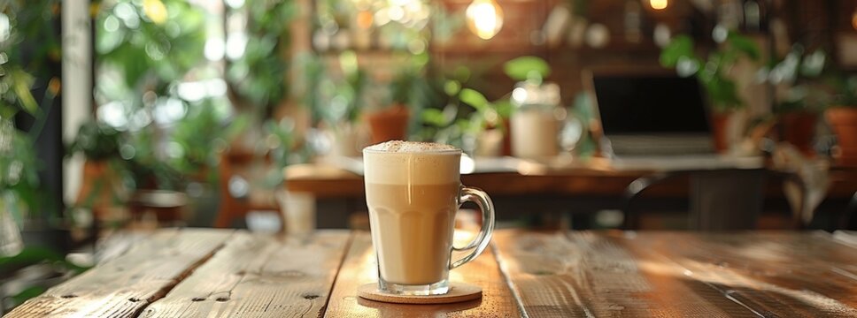 cappuccino on a rustic wooden table in a coffee shop, ecofriendly internet cafe with green plants and a cappuccino on a wooden table, AI Generated Image