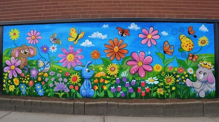 Mural na ścianie budynku przedstawia radosną scenę wiosenną dla dzieci z kolorowymi kwiatami i zwierzątkami