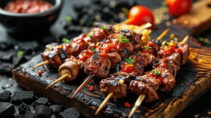 Homemade kebab with sauce and fried mushrooms on a cutting board with a background of charcoal for...